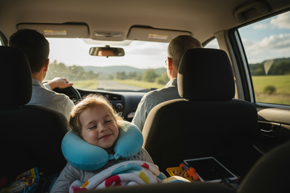 A child wearing this neck pillow travelling with parents in the car