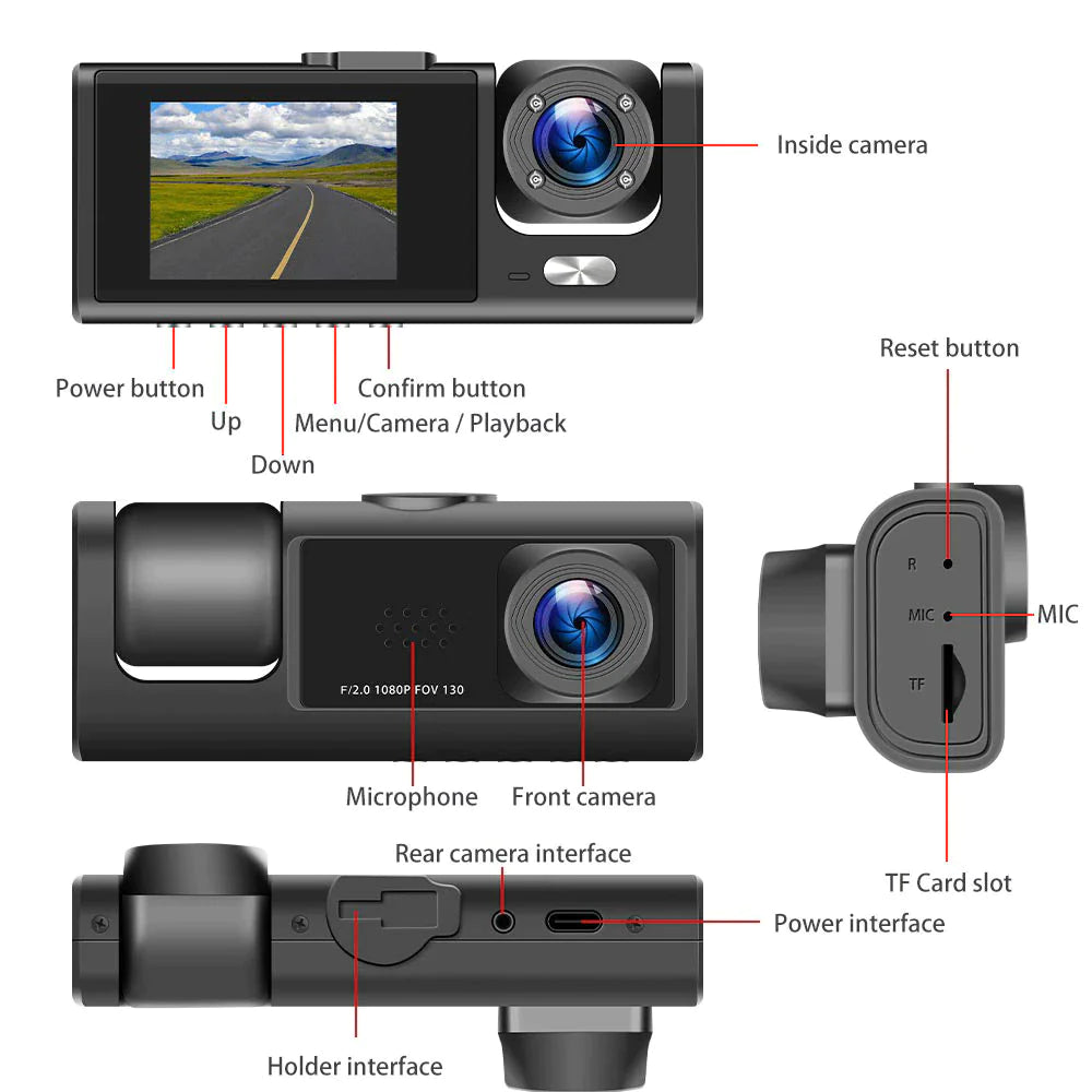 Inside Rear Duals Car Dual Lens Dash Cam HD 1080P Front/Rear/Inside Video Recorder Camer ...
