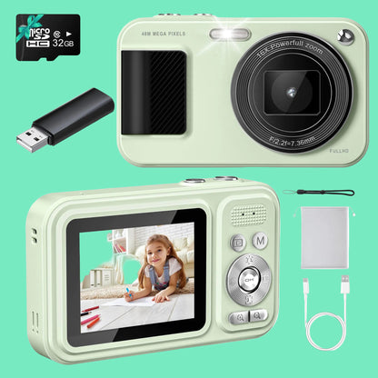 Digital Camera Student Cameras with 32GB Card. Autofocus 48MP Point and Shoot Digital Cameras 16X Zoom Anti-Shake Vlogging Camera Compact Small Cameras for Boys Girls Teenagers