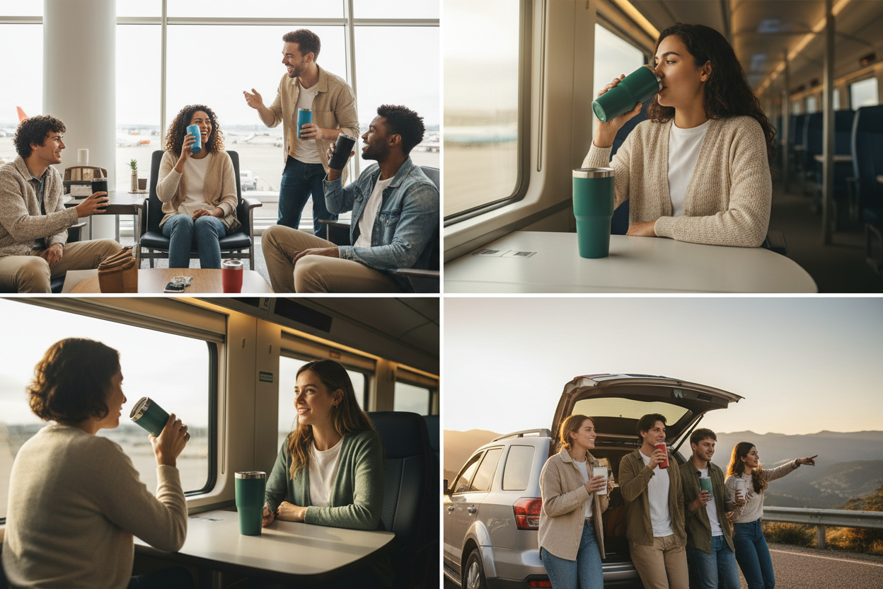 travelers  drinking using tumbler