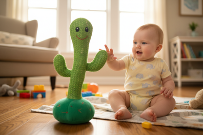 Video of Dancing cactus toy with a baby looking at